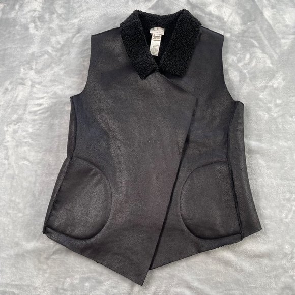 French Connection Vest Womens XS Black Metallic Sheen Sherpa Lined Open Front - Picture 1 of 16
